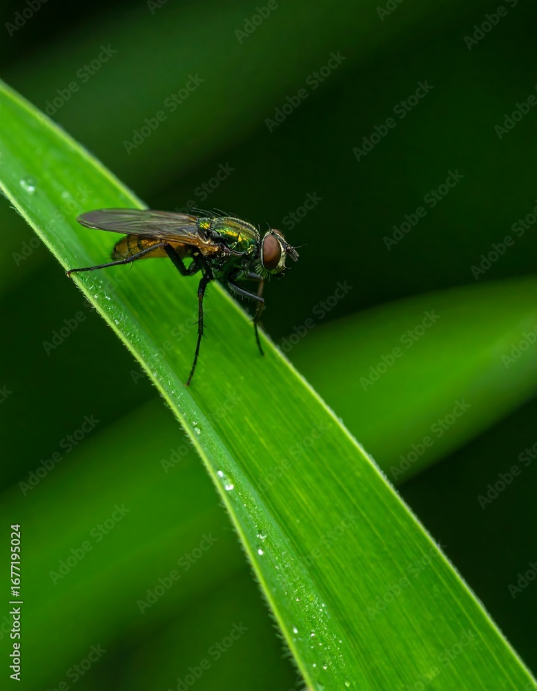 Naklejka premium Fly on a blade of grass
