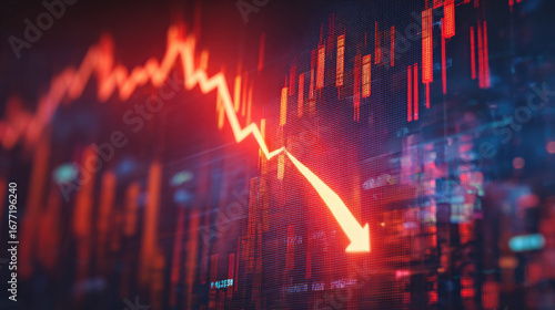 Close-up glowing red downward arrow graph on digital screen with blurred stock charts symbolizing financial loss and economic decline