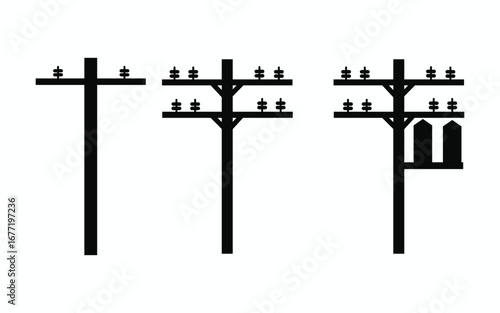 Three black power line poles stand against a in silhouette on white background