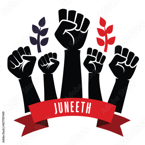 Juneteenth Fist Raised Banner with Red and Purple Branches freedom day emancipation
