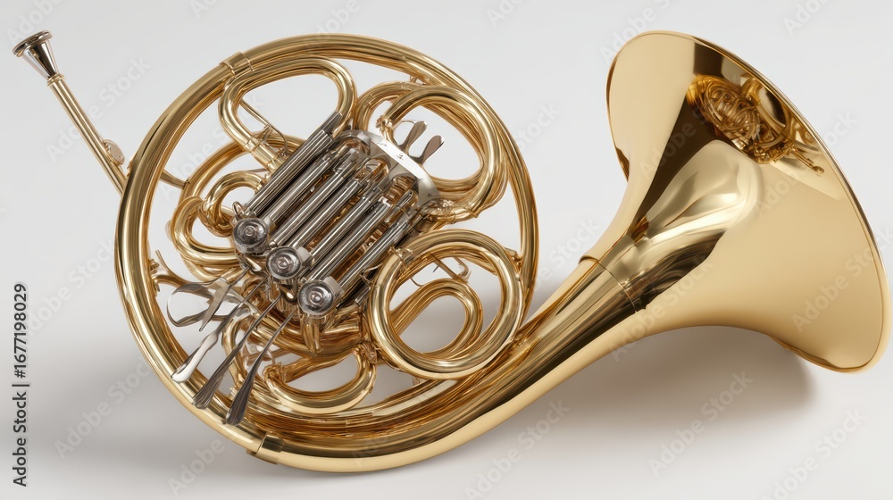 Fototapeta premium A beautifully crafted golden French horn showcasing its intricate design and craftsmanship, perfect for music lovers.