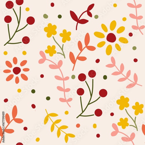 Seamless Floral Pattern with Colorful Flowers and Leaves – Decorative Nature Background