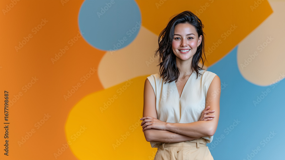 Naklejka premium Smiling young woman standing confidently with crossed arms in front of colorful geometric orange and blue background, modern business portrait with creative and professional vibe