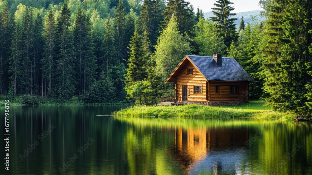 Fototapeta premium A serene wooden cabin nestled by a tranquil lake, surrounded by lush green forests, reflecting nature's beauty.