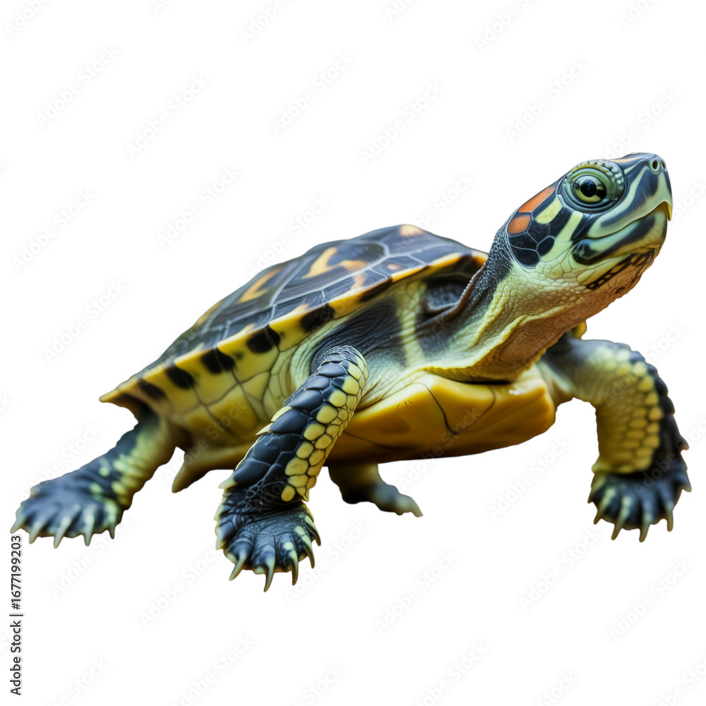 Obraz premium Captivating close-up of a vibrant red-eared slider turtle with detailed scales and curious eyes, ready for educational or naturalistic projects