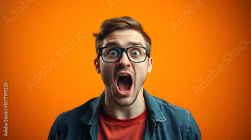 Shocked young guy in glasses opening mouth in disbelief on orange studio background. Overwhelmed hipster man feeling stunned, learning about breathtaking promo or huge sale