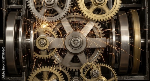 Close-up of intricate gears and sparks