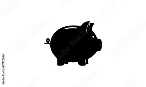Silhouette of a piggy bank with a coin slot on its back and a curly tail against a white background