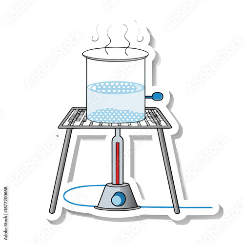 Boiling water in beaker on laboratory stand with burner steam