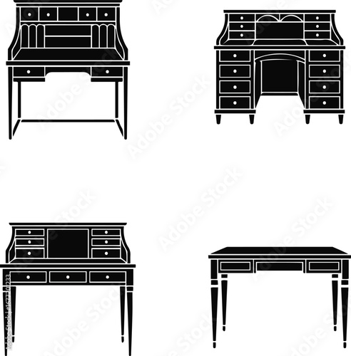 Collection of antique writing desks in silhouette isolated on white background