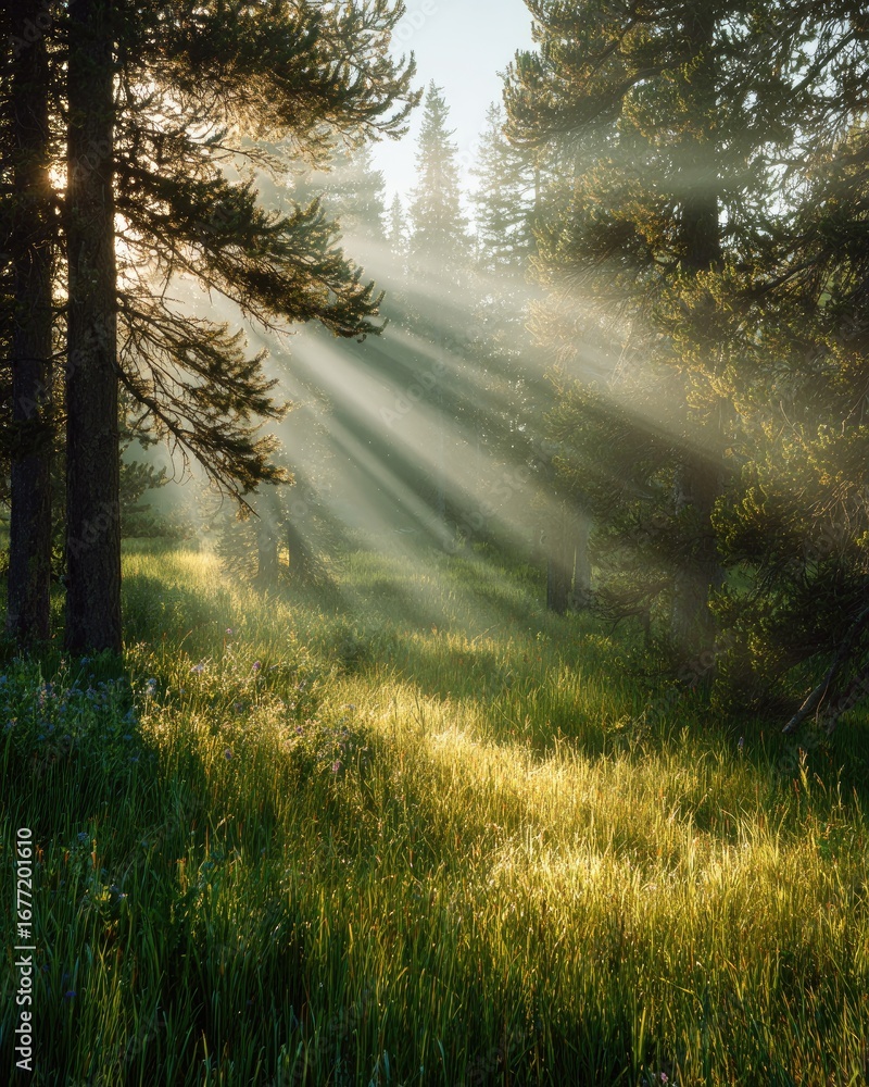 Obraz premium Sunbeams pierce a misty forest meadow