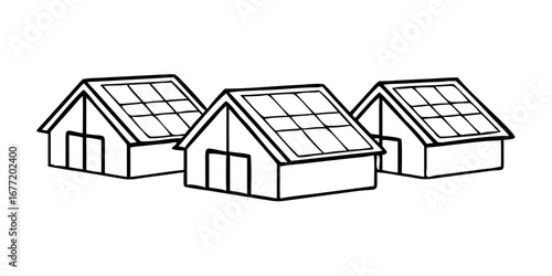 Vector art of three houses with solar panels on the roof