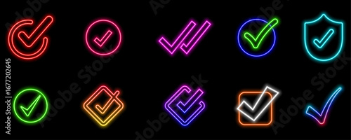 Vector 3d Green Check mark realistic icon set. neon style.Modern plastic round, square, starburst and wavy checked badge with check mark, approved icon isolated. Official green button. 3d 
