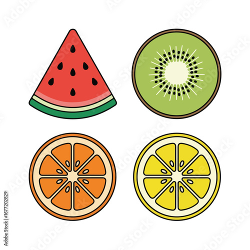 Fruit slices illustration design elements colorful watermelon kiwi orange lemon