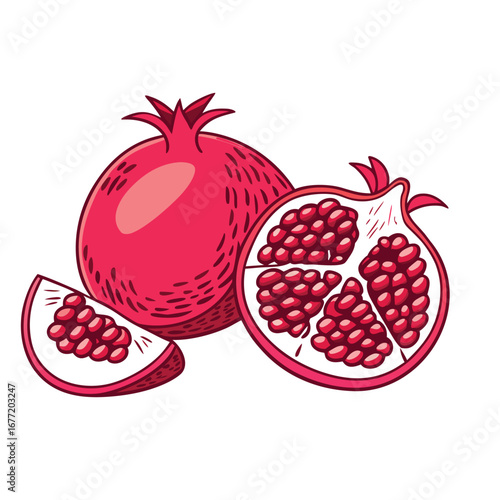 Whole and sliced pomegranates with seeds fruit