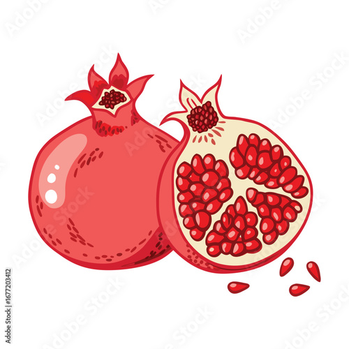 Whole and halved red pomegranate with seeds fruit