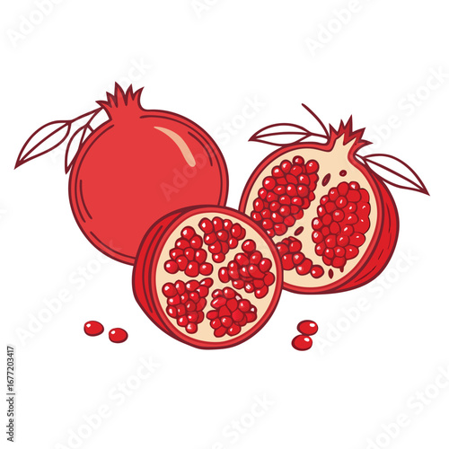 Whole and halved pomegranates with seeds and leaves fruit