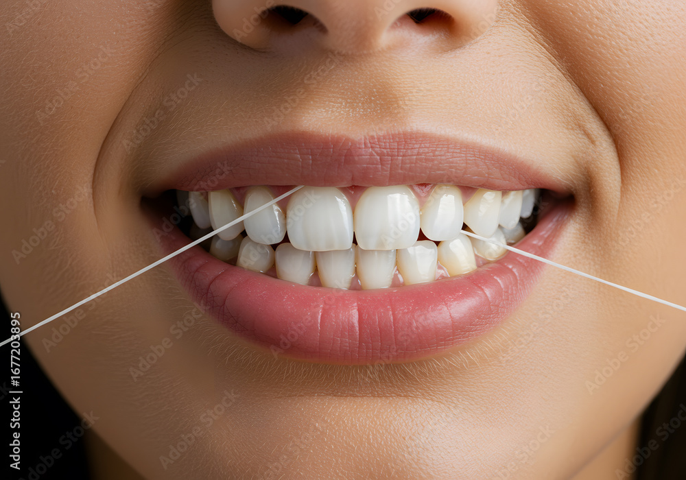 Fototapeta premium Person flossing teeth closeup