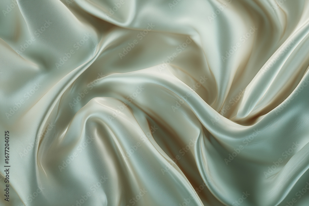 Fototapeta premium Luxurious silk fabric flowing in sage green and cream tones, smooth organic curves, high-end fashion and beauty concept