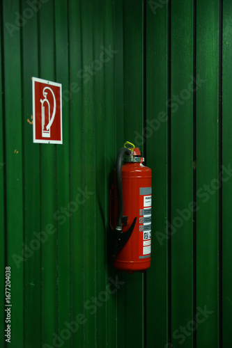 Feuerlöscher vor grüner Wand 
