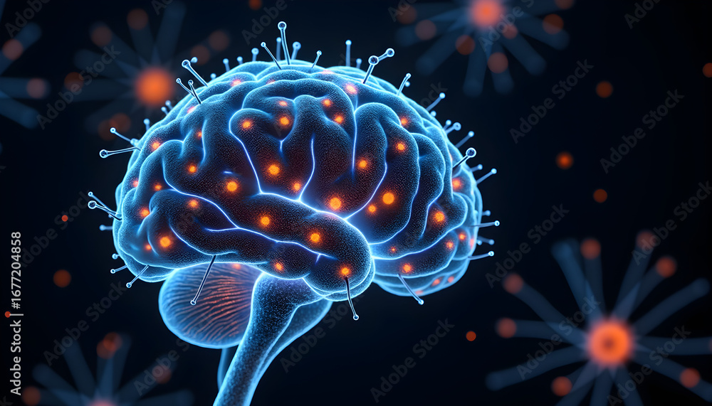 Fototapeta premium Microscopic View of Glowing Artificial Brain Neurons