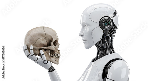 Humanoid robot holding a human skull contemplating mortality.