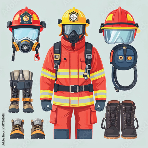Firefighter's protective gear and equipment illustrated.  A detailed view of a firefighter's uniform, helmet, boots, and respirator.
