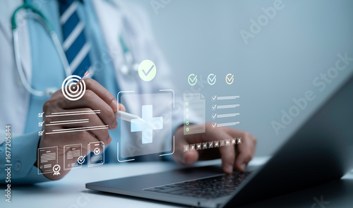 Canvas Print Doctor using digital checklist and target management system on laptop with medic