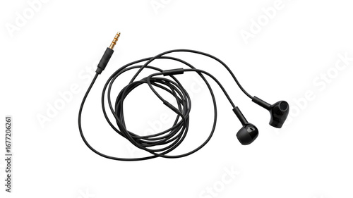 Black earphones audio music sound listen technology wired headset device accessory connector plug jack phone on transparent background