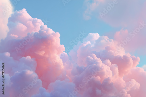 
Soft cotton candy clouds in baby pink and sky blue, dreamy ethereal atmosphere