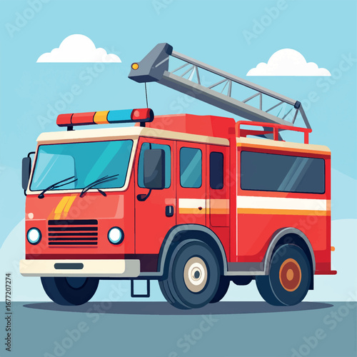Flat vector illustration of a classic red fire truck with an extendable ladder, an emergency services vehicle used for firefighting and rescue missions against a clear sky