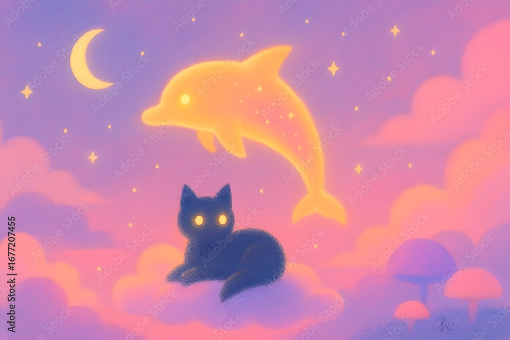 Fototapeta premium Black cat resting on clouds watching glowing dolphin in pink and purple sky; dreamy pastel illustration for children’s stories, nursery decor, uplifting posters, and graphics.