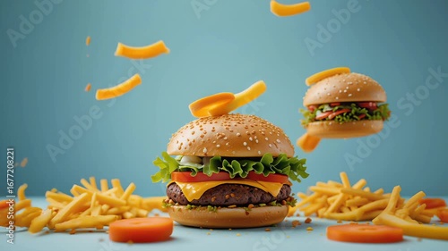 A juicy hamburger with a sesame bun and french fries playfully hovers on a blue background at noon.