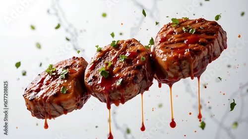 Delicious grilled steaks with sauce and fresh herbs presented in a creative presentation