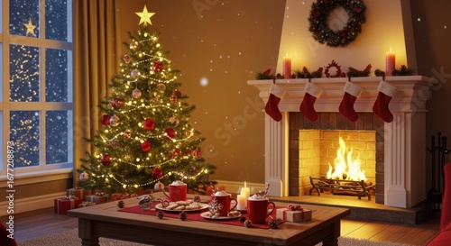 Cozy Christmas Living Room Scene with Fireplace and Tree