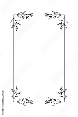Floral Botanical Mono Line Art Frame. Simple Vector Border with Flowers and Leaves