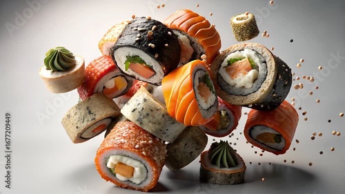 A colourful assortment of sushi rolls with decorations and textures floating in a visually striking composition.