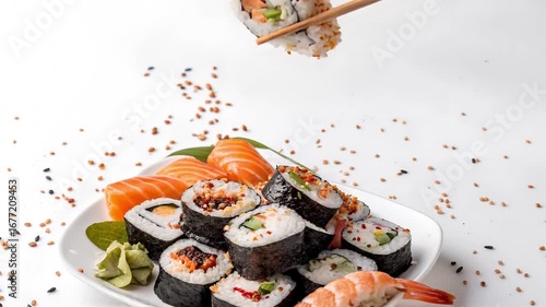 Rolls and sashimi are served with chopsticks in an elegant presentation on a white table.