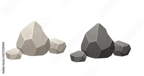 Rock stone collection in different shades. Light and dark gray stones with polygonal faceted surfaces. Various sizes and shapes. Cartoon style geometric rocks for game design. Vector illustration