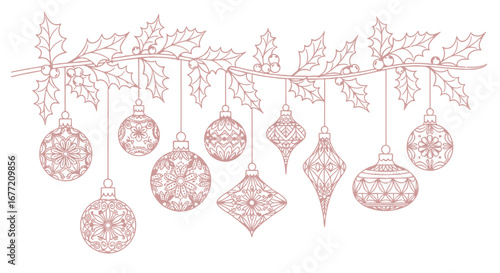 Elegant rose gold Christmas ornaments hanging from a holly branch.