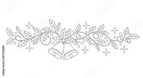 Elegant black and white illustration of Christmas bells, holly, and festive stars.
