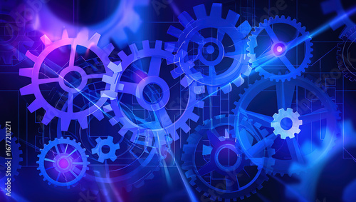 Abstract digital background with semi-transparent spinning gears, subtle lines and grids, glowing in cool blue and purple tones.