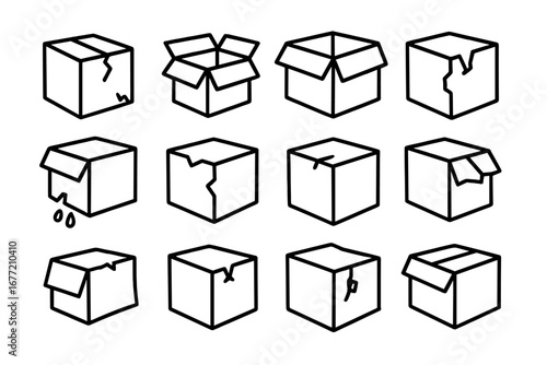 Broken box line icon set. Damaged package and open shipping carton vector bundle. Fragile delivery, shipping problem, return, and leaking parcel outline signs for web and apps.