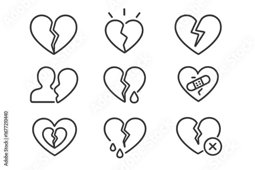 Broken heart line icon set. Vector symbols of heartbreak, divorce, relationship crisis, and lost love. Outline signs for emotional pain, sadness, and healing concepts.