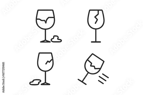 Broken wine glass line icon set. Fragile, shattered, and spilled wine pictogram collection. Minimal vector illustration for web design, apps, and graphic user interfaces.