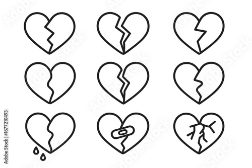 Broken heart line icon set. Heartbreak, divorce, and sadness symbols. Vector outline icons for web and graphic design. Relationship problems, pain, and healing concepts.