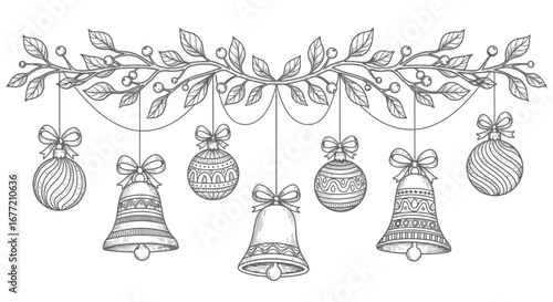 Elegant black and white Christmas ornament decoration with bells, baubles, and foliage.
