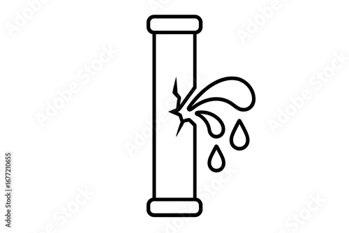 Broken pipe water leak icon. Burst pipeline concept. Plumbing problem, drainage accident, and water damage. Leaking tube, dripping drops. Spurt, spill, leakage, emergency repair.