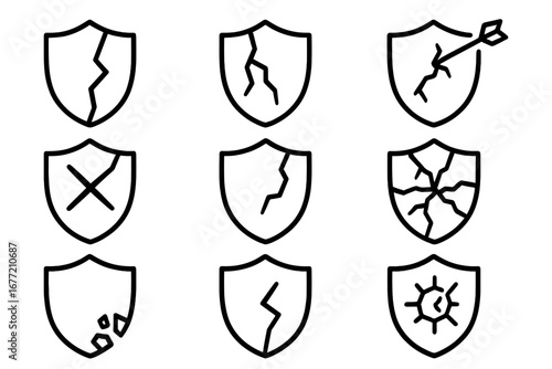 Broken shield line icon set. Vector symbols of vulnerability, risk, failed security, and data breach. Damaged defense and protection signs for graphic design, web, and apps.