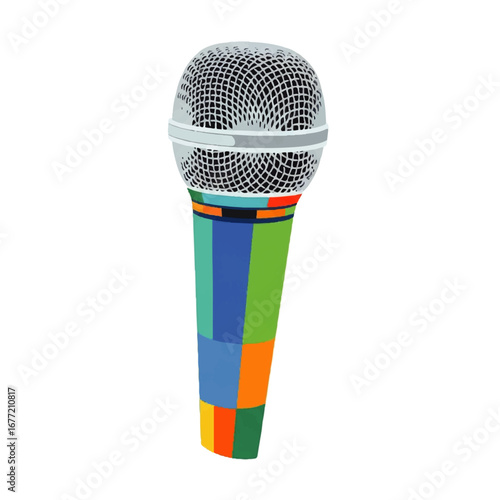 A colorful microphone, ready for a vibrant performance, stands against a clean white background, exuding energy and excitement.